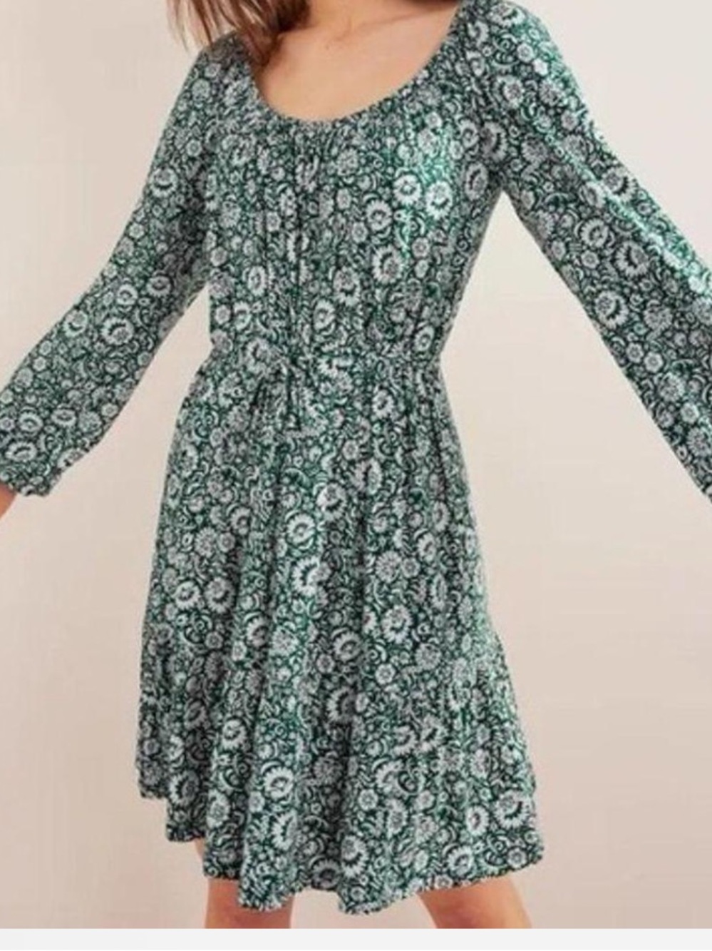 Boden Scoop Tiered Jersey Mini Dress Bottle Green Bloom Cascade Size Small